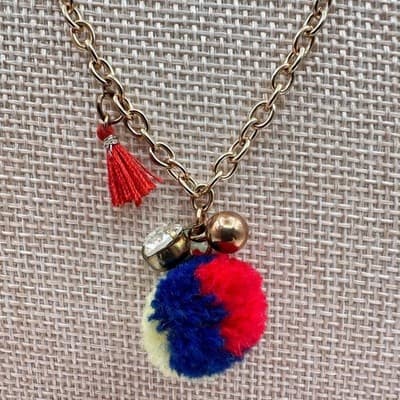 Vintage 80s Gold Tone Chain Necklace Red Navy Po Tassel Charm Rhinestone Jewelry