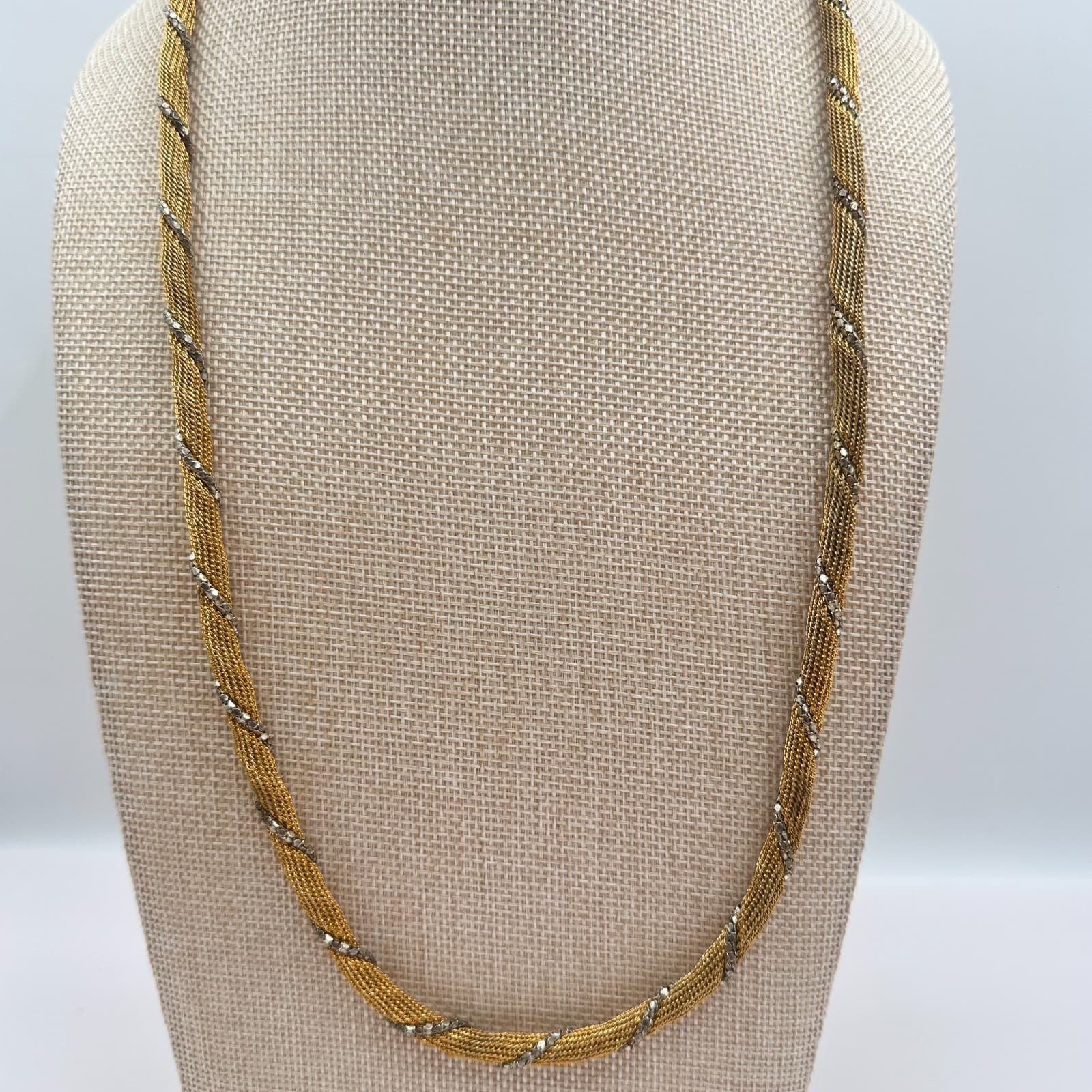 Vintage 80s Two Tone Gold Silver Twisted Mesh Rope Chain Necklace Retro Jewelry