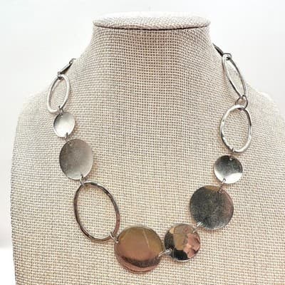 Vintage 90s Silver Tone Disc Oval Link Necklace Statement Women's Jewelry