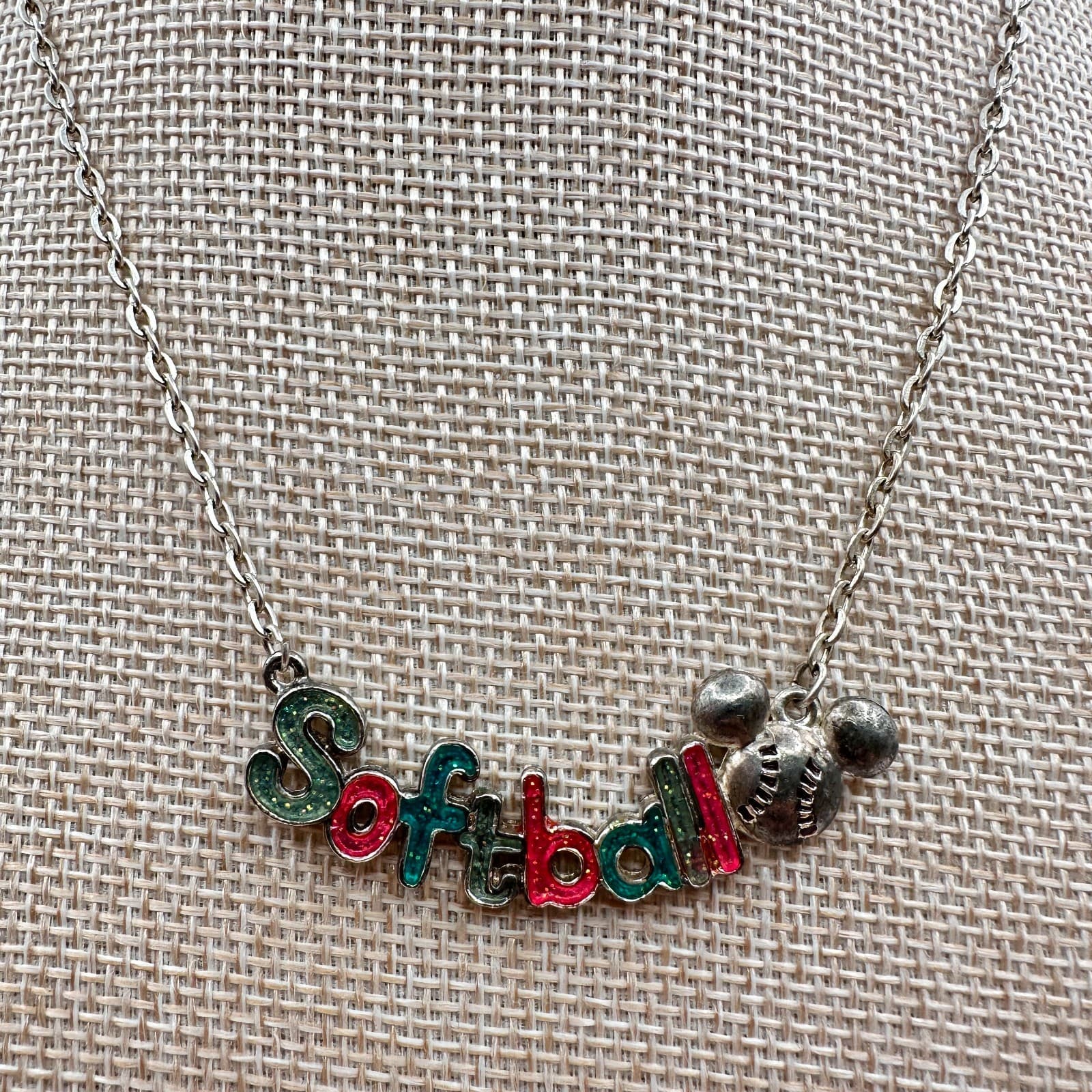 Vintage 80s Softball Word Pendant Necklace Silver Tone Cable Chain Retro Jewelry