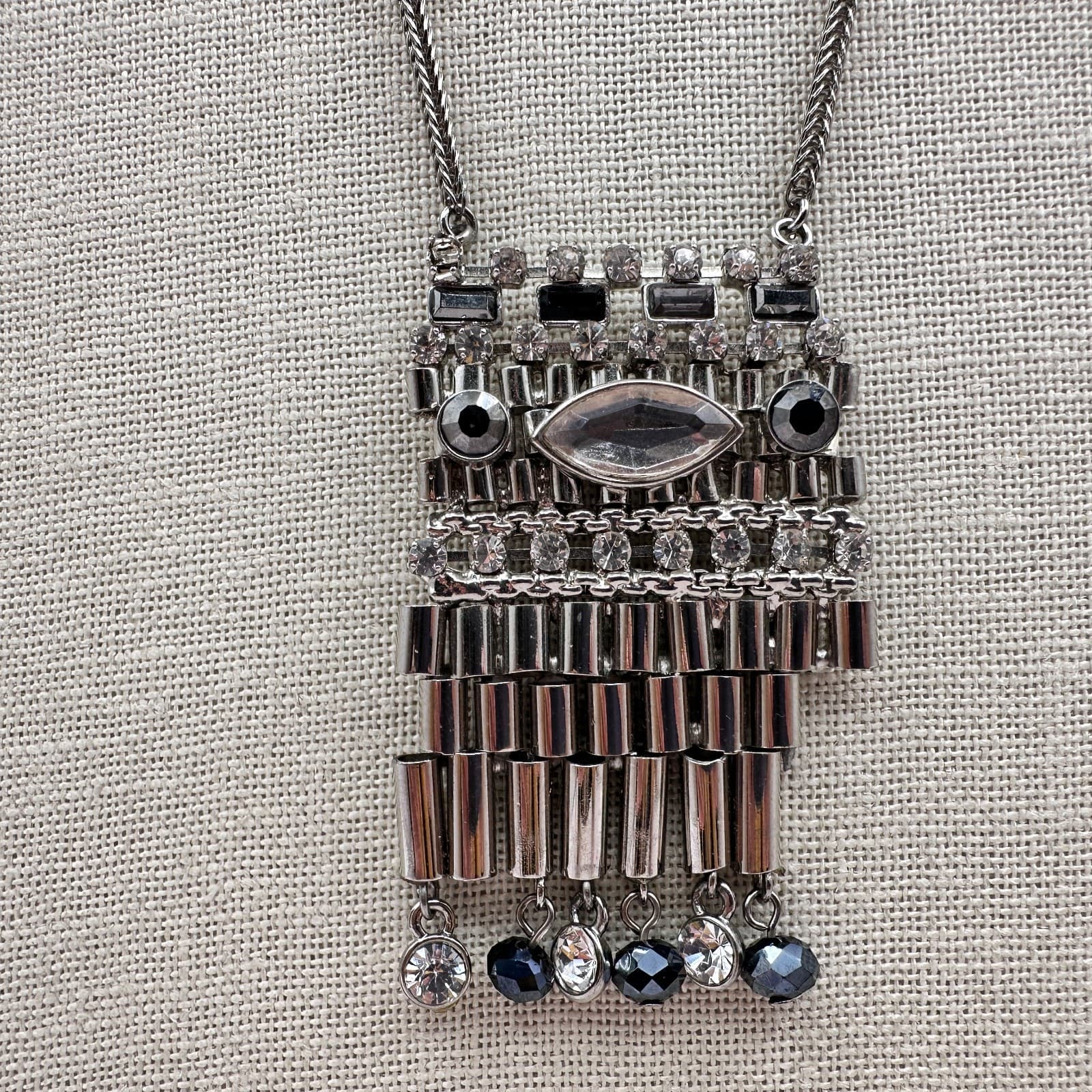 Vintage Y2K Silver Tone Clear Rhinestone Beaded Fringe Pendant Necklace Jewelry