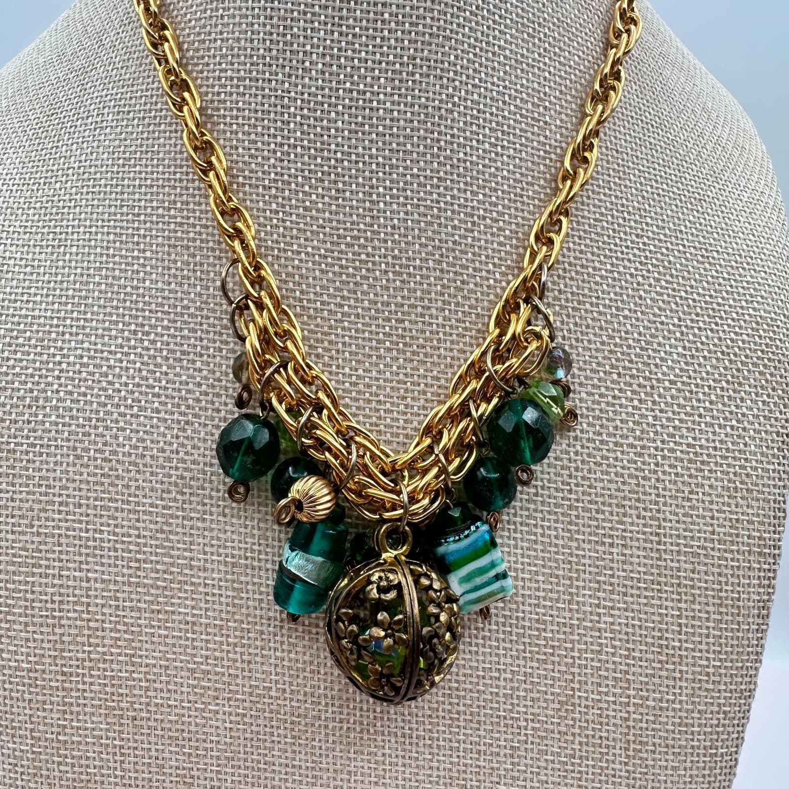 Vintage 90s Gold Tone Green Glass Bead Statement Necklace Floral Cage Pendant