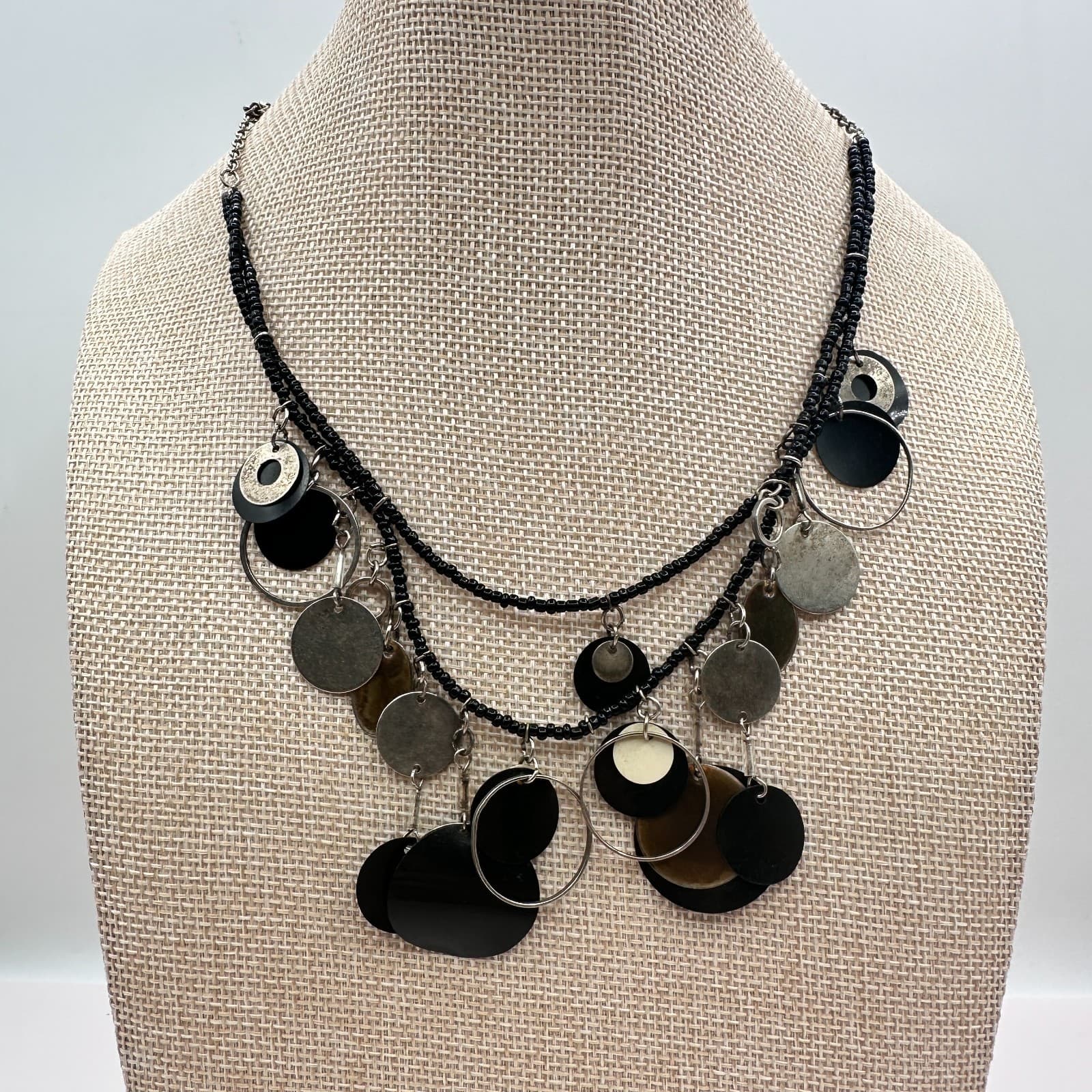 Vintage 80s Multi Strand Black Bead Statement Necklace Silver Disc Charm Jewelry