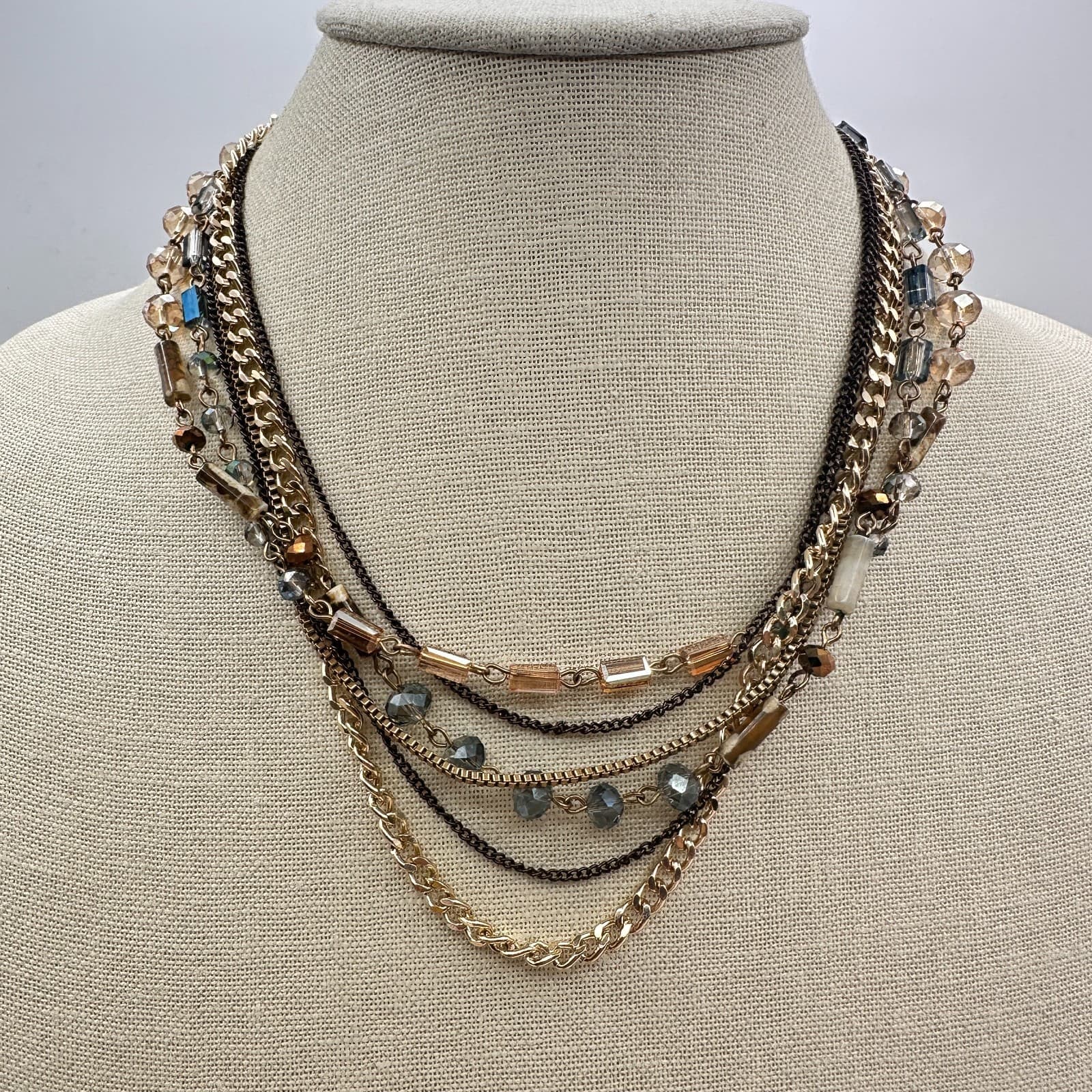 Vintage 80s Sweet Escape Multi Strand Beaded Necklace Mixed Gold Chain Jewelry