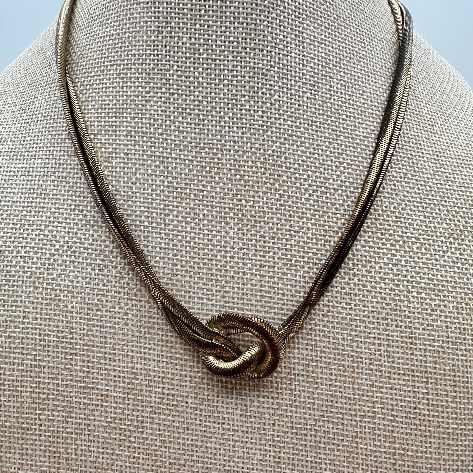 Vintage 90s Gold Tone Double Strand Snake Chain Love Knot Necklace Jewelry
