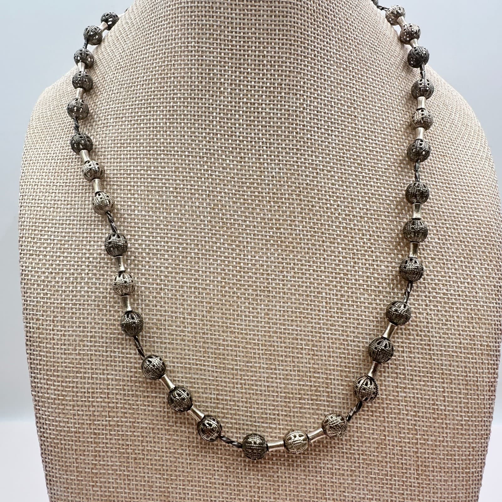 Vintage 90s Silver Tone Filigree Bead Necklace Boho Ethnic Statement Jewelry