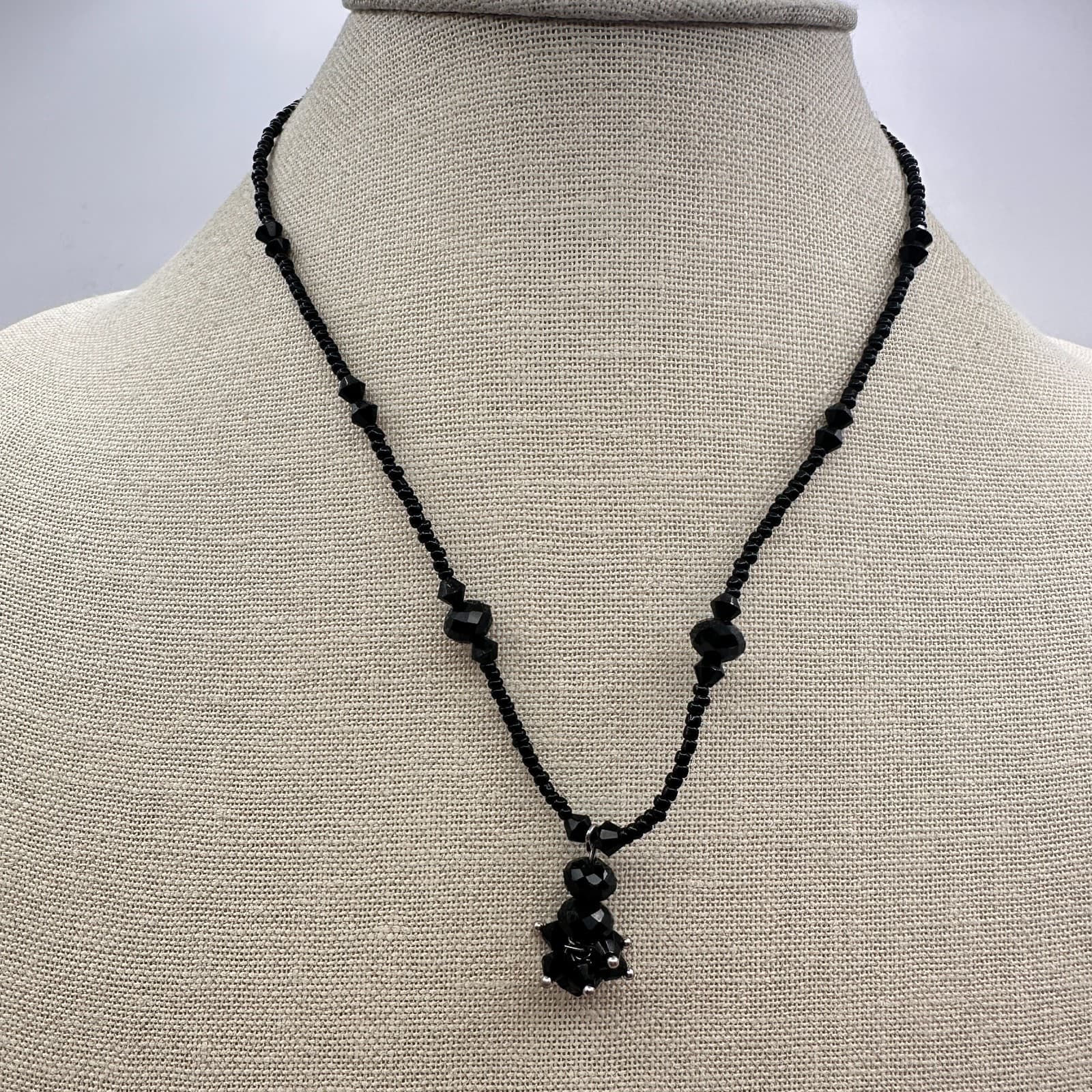 Vintage 90s Black Faceted Beaded Pendant Necklace Boho Statement Women's Jewelry