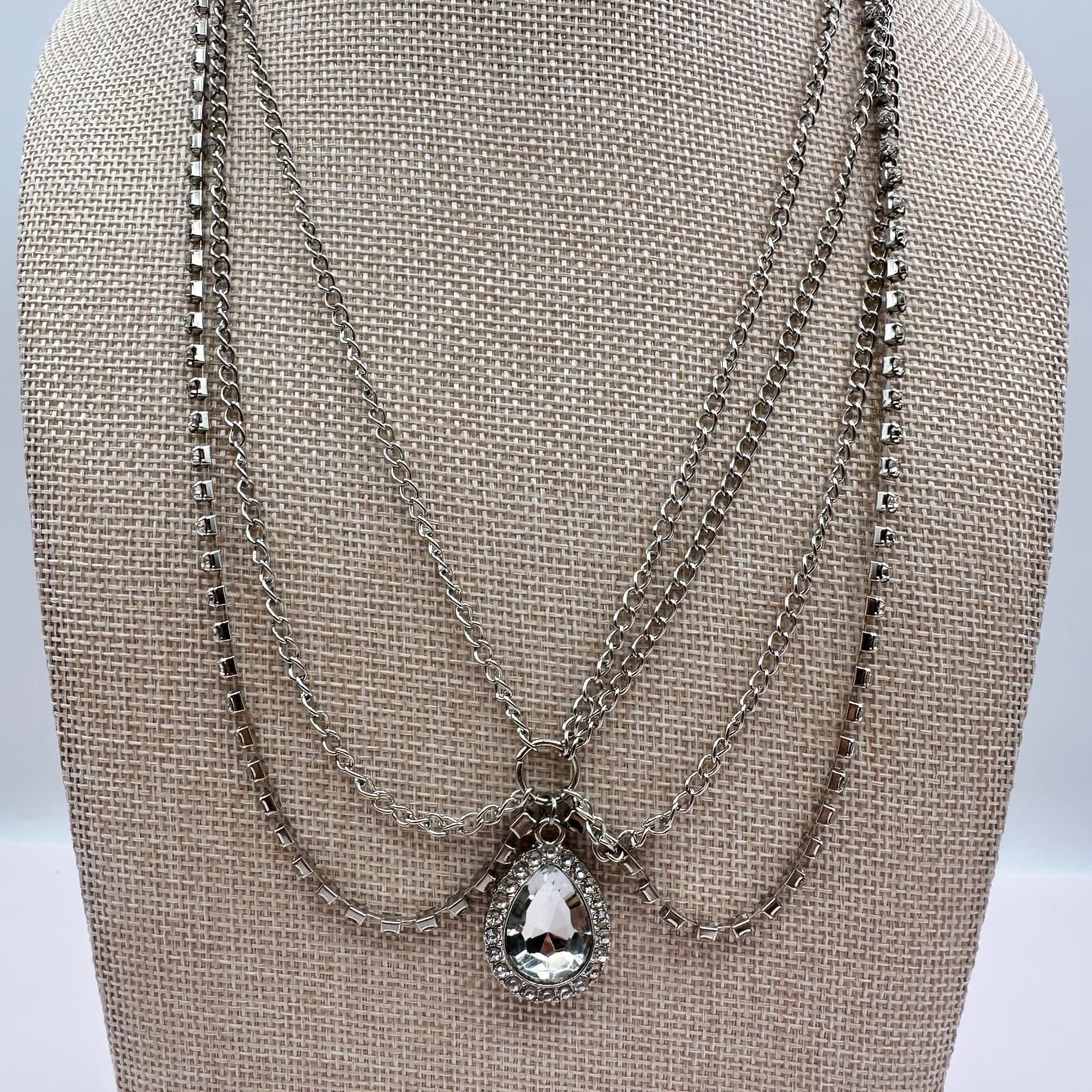 Vintage 90s Silver Stranded Draped Chain Necklace Rhinestone Teardrop Jewelry