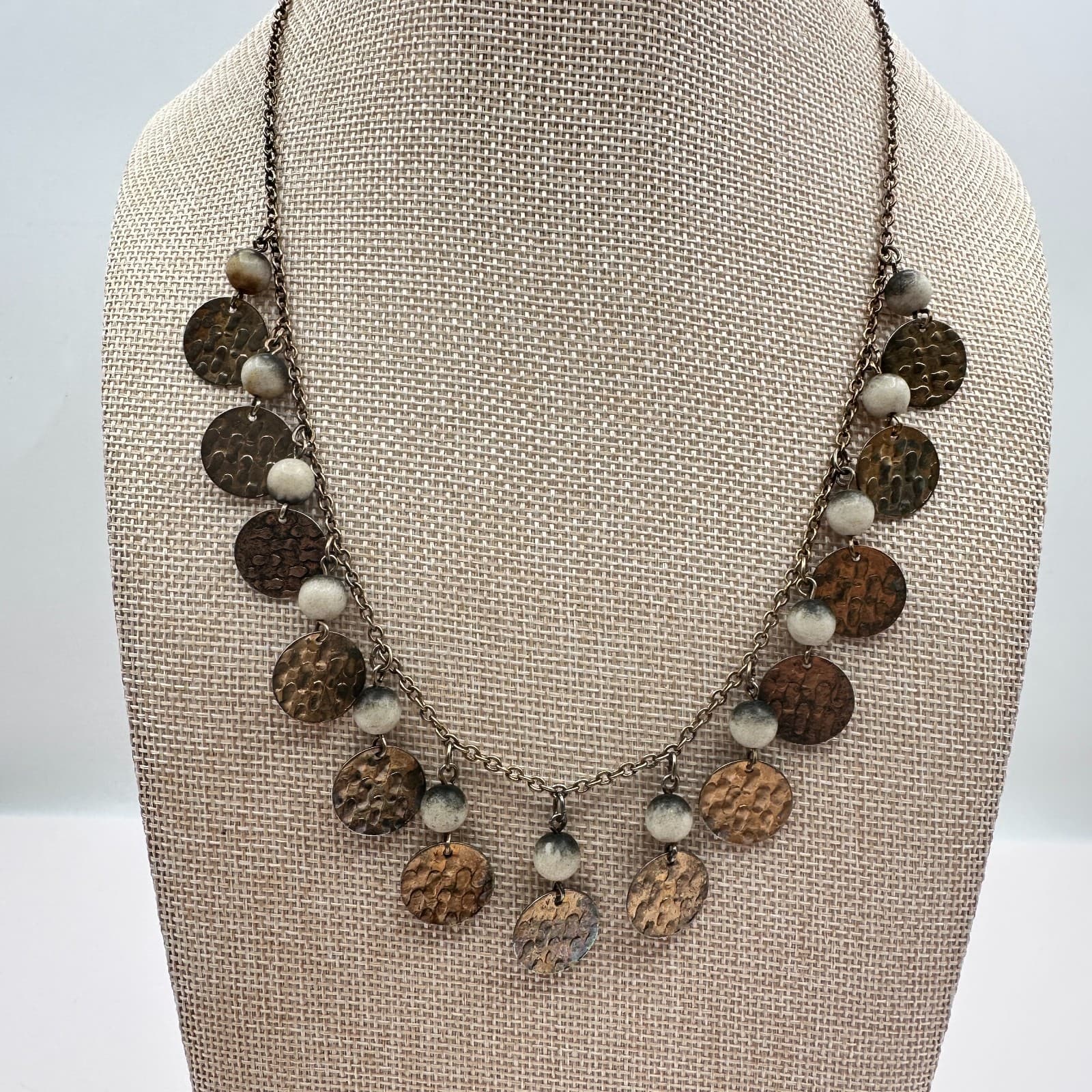 Vintage 90s Beaded Hammered Bronze Tone Coin Necklace Statement Women's Jewelry