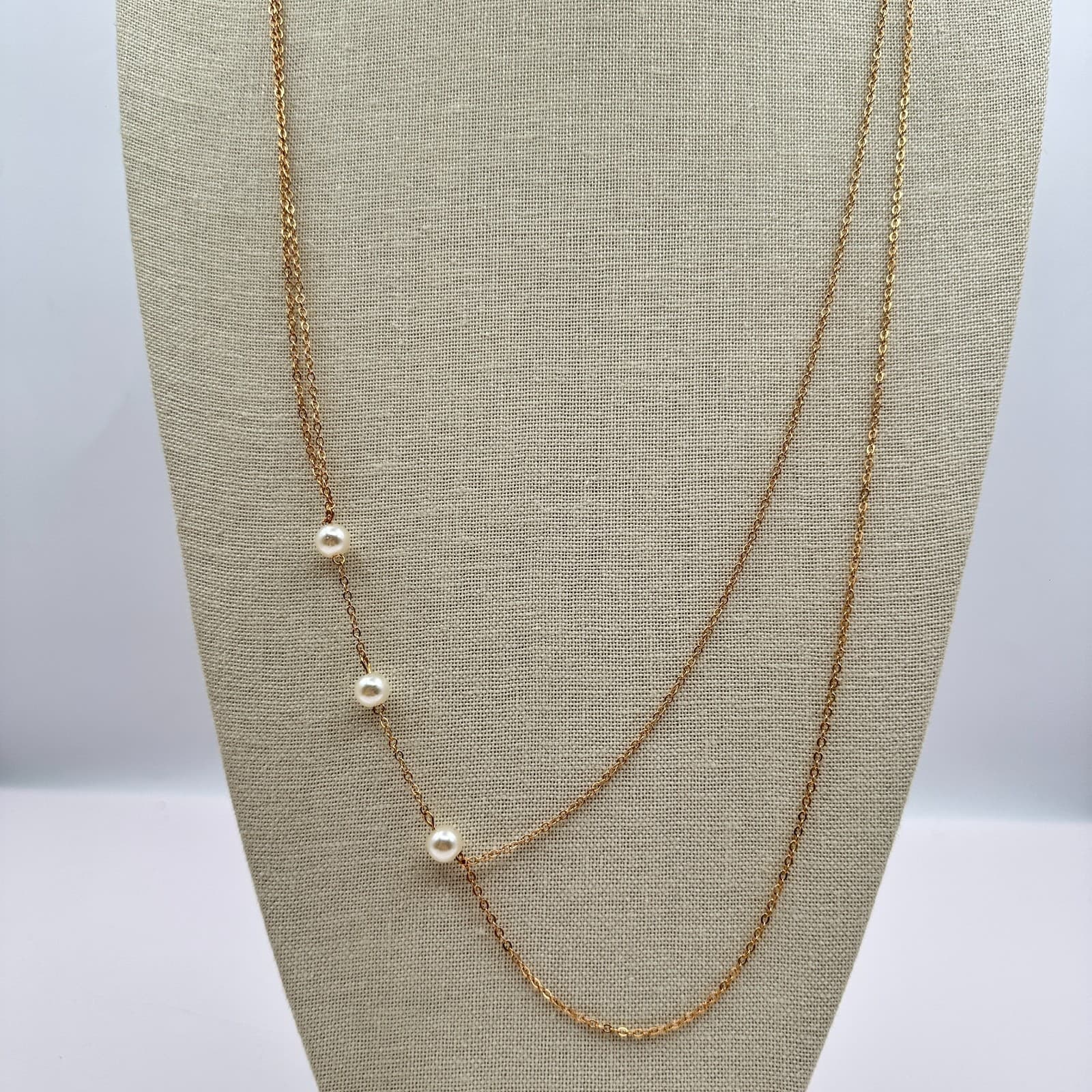 Vintage 90s Faux Pearl Gold Tone Double Strand Chain Necklace Minimalist Jewelry