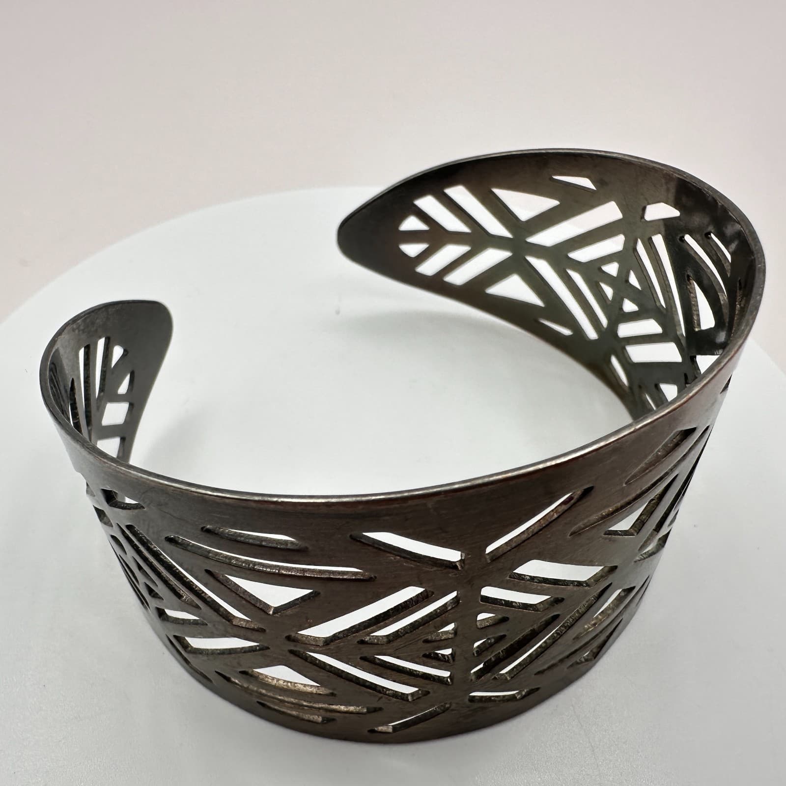 Vintage 80s Silver Tone Cutout Cuff Bracelet Geometric Wide Statement Jewelry
