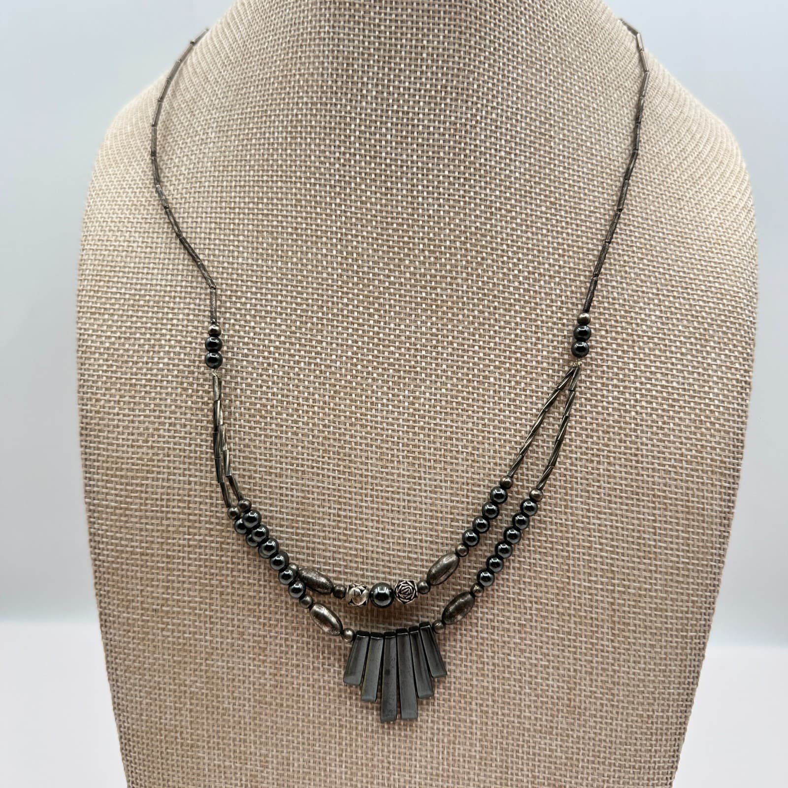Vintage 90s Silver Tone Double Strand Beaded Geometric Fringe Statement Necklace