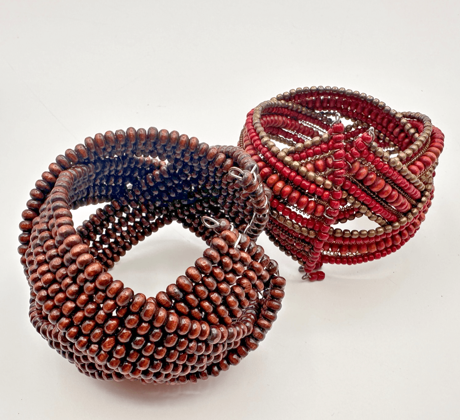Vintage 90s Boho Seed Beaded Memory Wire Cuff Bracelet Set Statement Jewelry