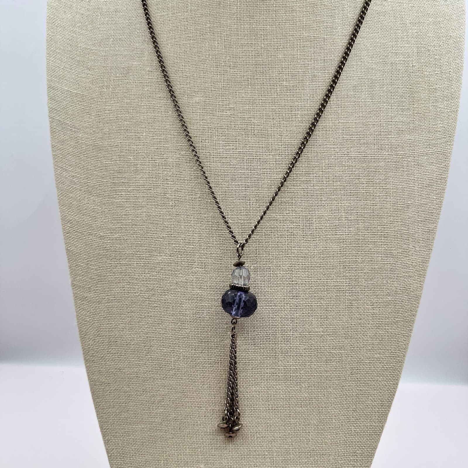 Vintage 90s Faceted Beaded Tassel Necklace Silver Tone Boho Statement Jewelry