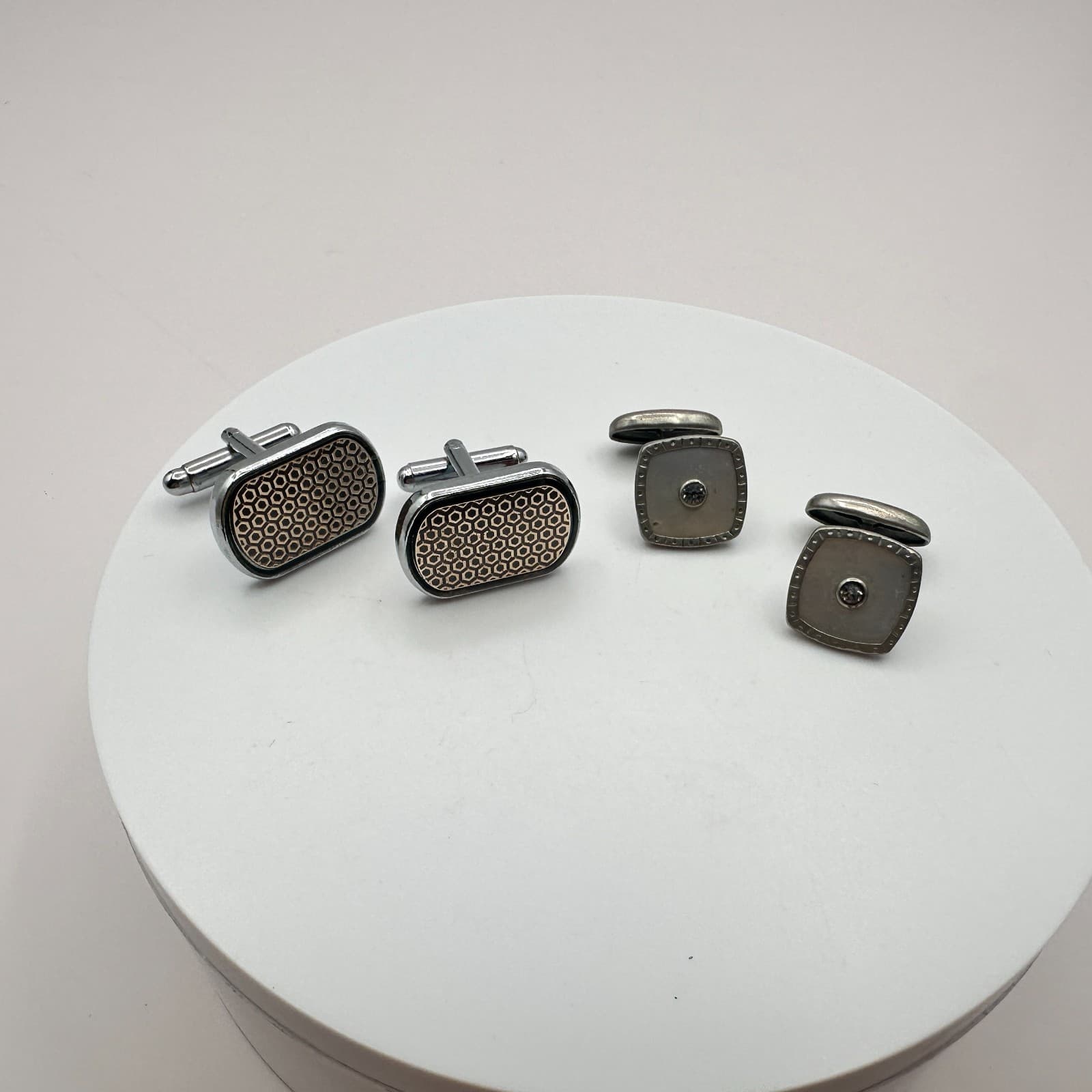 Vintage 80s Silver Tone Cufflink Set Glass Geometric Honeycomb Fashion Jewelry