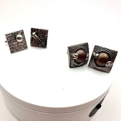 Vintage 90s Swank Brutalist Silver Tone Brown Stone Screw Cufflinks Lot Jewelry