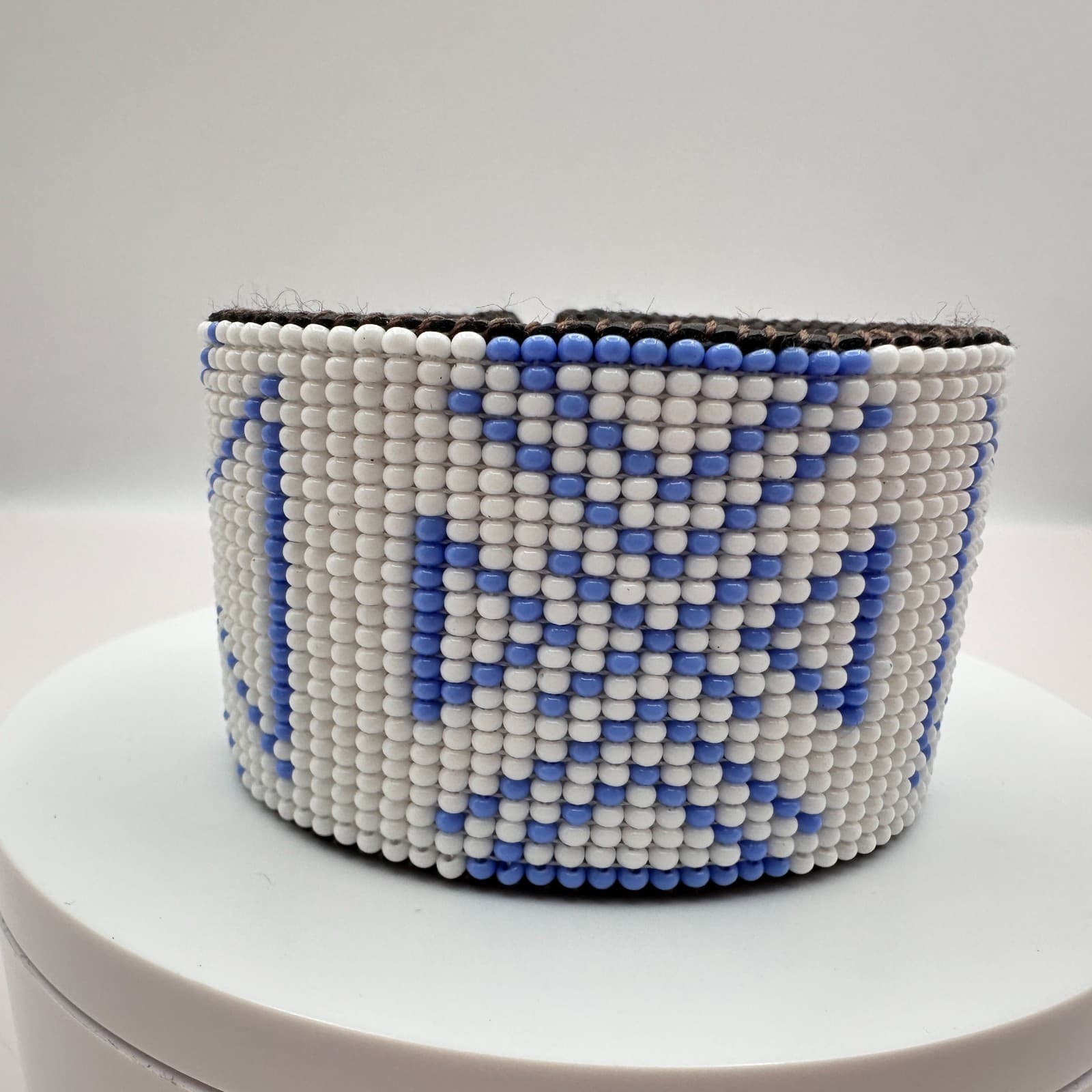 Vintage 90s White Blue Glass Seed Bead Native Style Leather Wide Cuff Bracelet