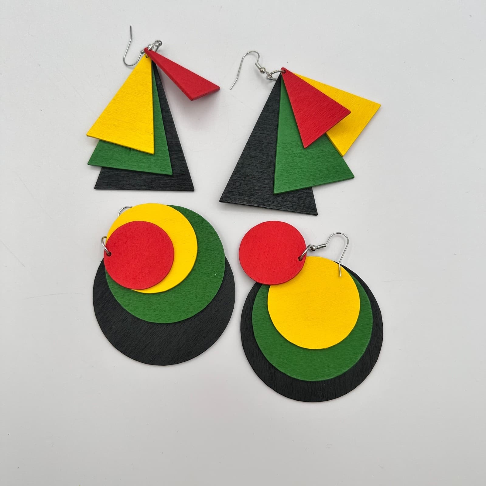 Vintage 90s Pan-African Wood Dangle Earrings Set Geometric Boho Fashion Jewelry