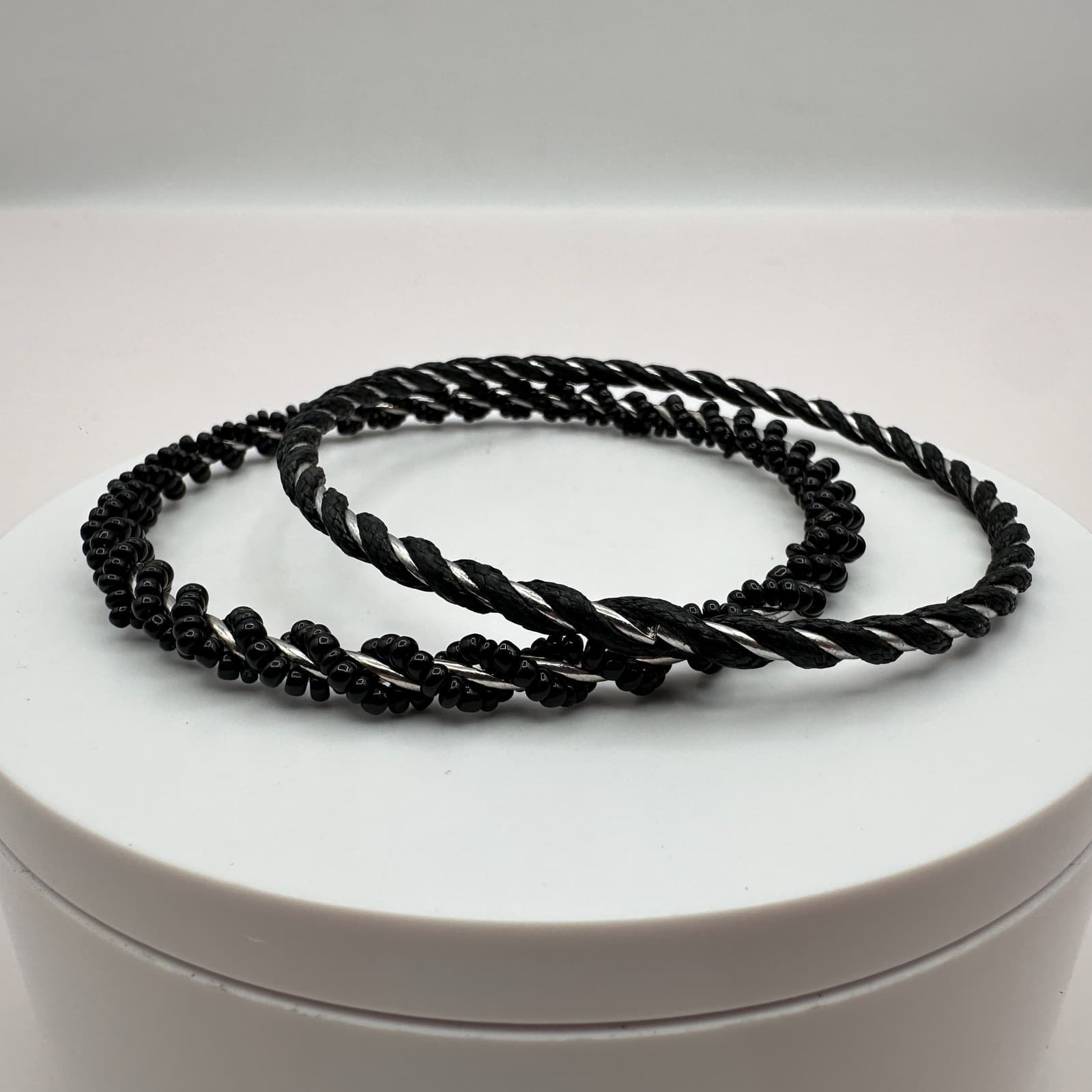 Vintage 90s Twisted Black Glass Seed Bead Silver Tone Bangles Set Boho Jewelry