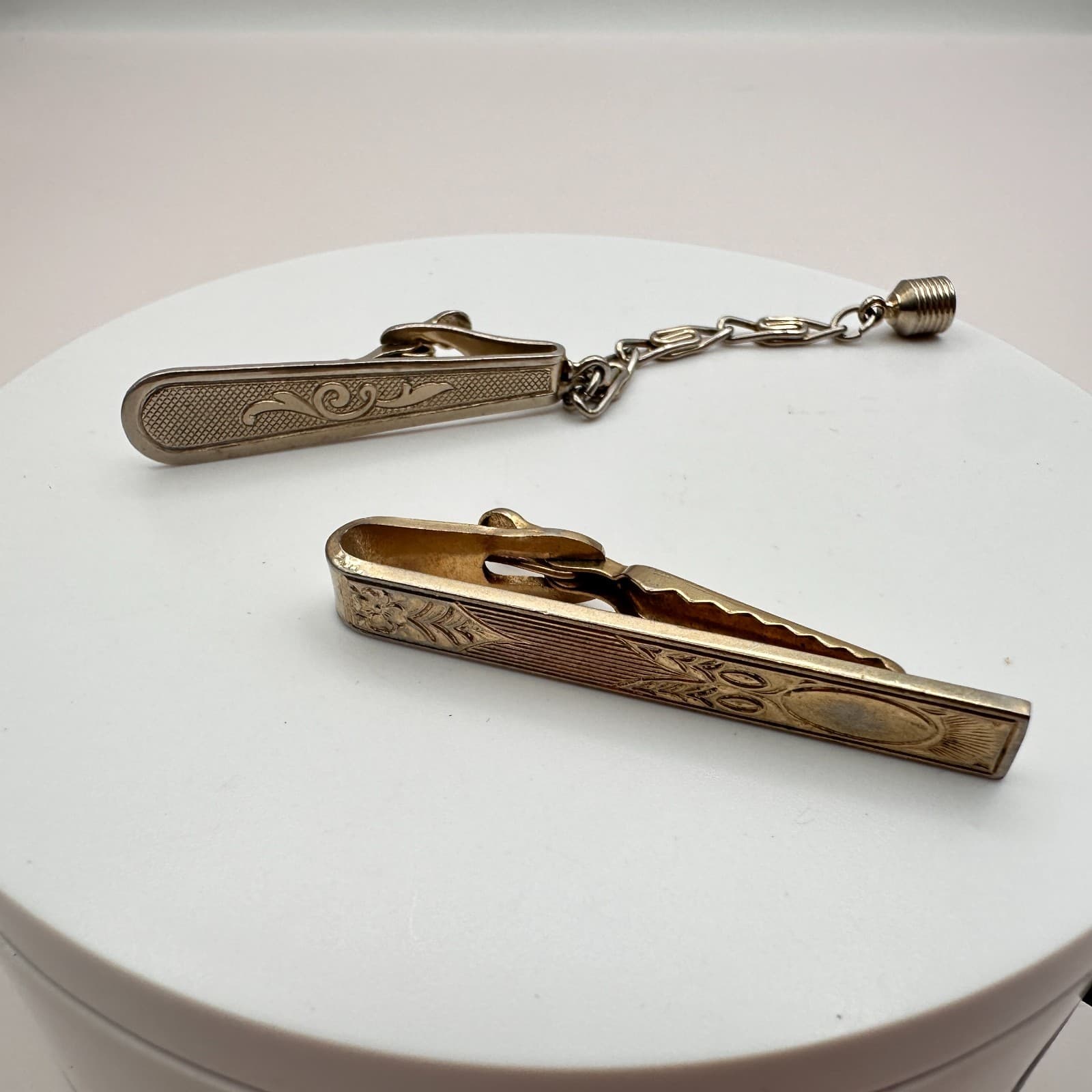 Vintage 80s Gold Silver Tone Etched Floral Tie Clip Bar Clasp Lot Men’s Jewelry