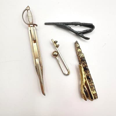Vintage 90s Men's Tie Clip Bar Clasp Lot Gold Silver Tone Novelty Sword Jewelry