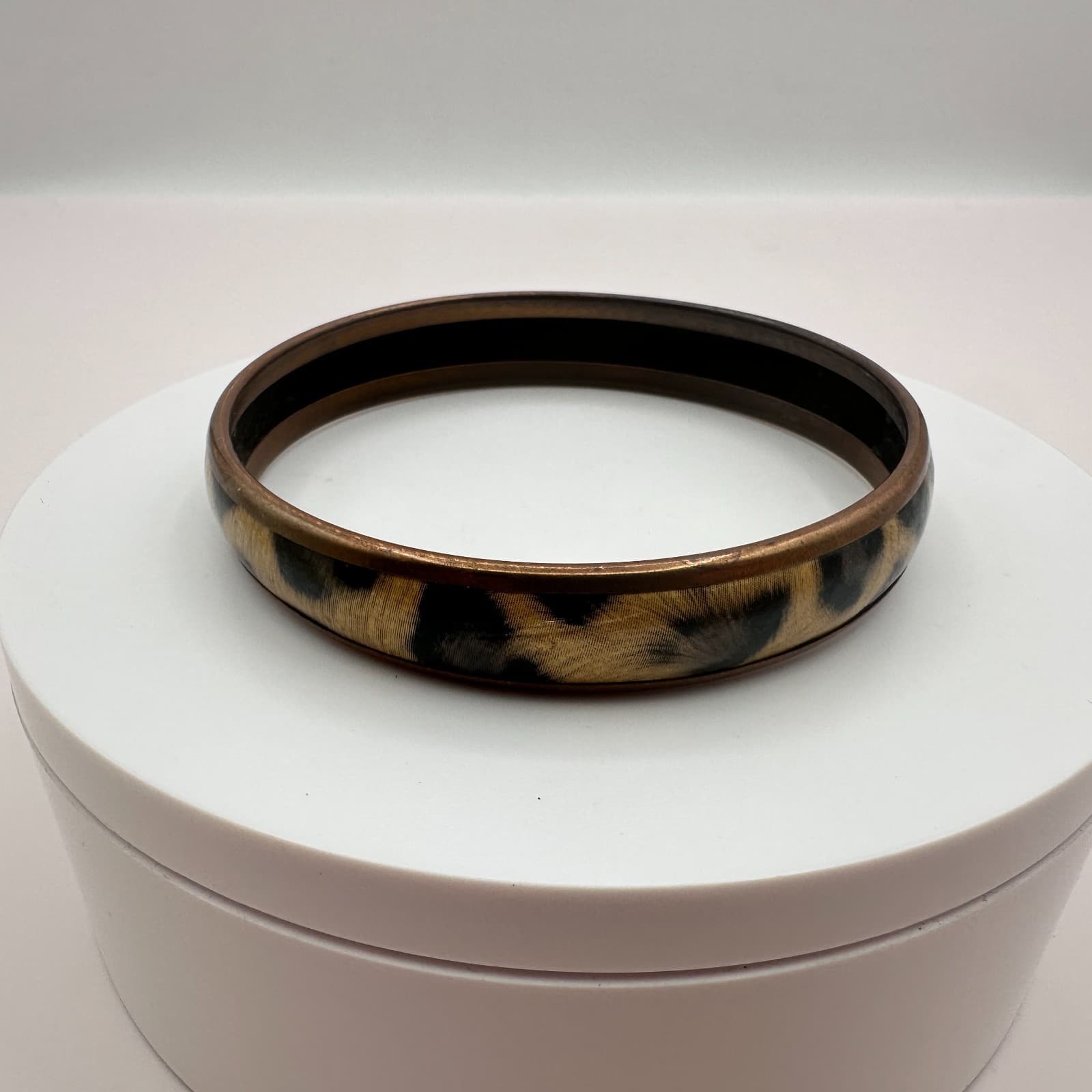 Vintage 90s Leopard Animal Print Brass Bangle Bracelet Cowhide Retro Jewelry