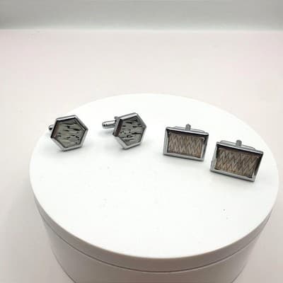 Vintage 60s Mid-Century Silver Tone Cufflink Set Geometric Glass Inlay Jewelry