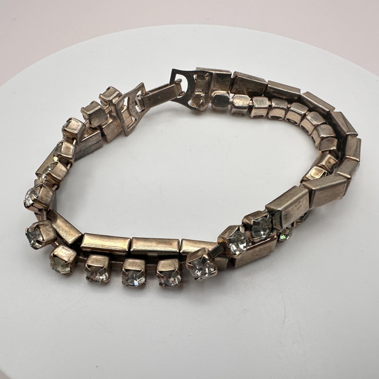 Vintage 90s Silver Tone Clear Rhinestone Double Strand Bracelet Women's Jewelry