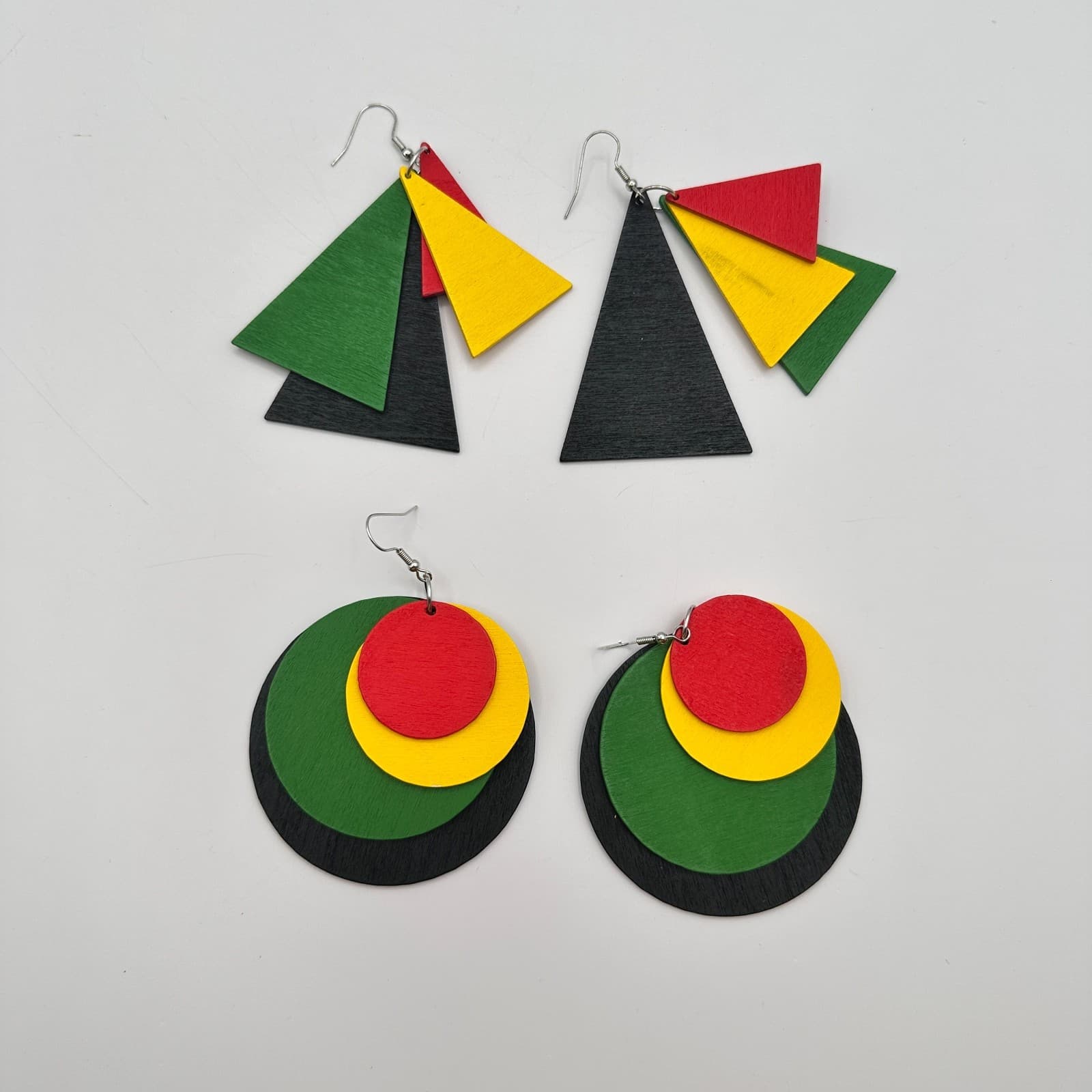 Vintage 90s Pan-African Wood Dangle Earrings Set Geometric Boho Fashion Jewelry