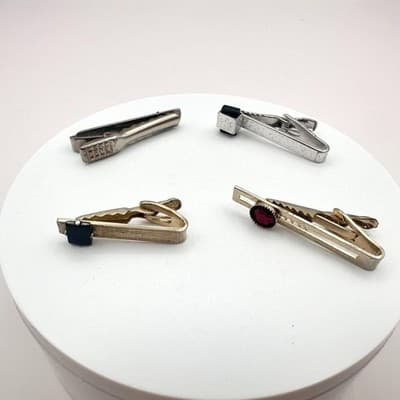 Vintage 80s Men's Tie Bar Clips Set Gold & Silver Tone Glass Stone Retro Jewelry