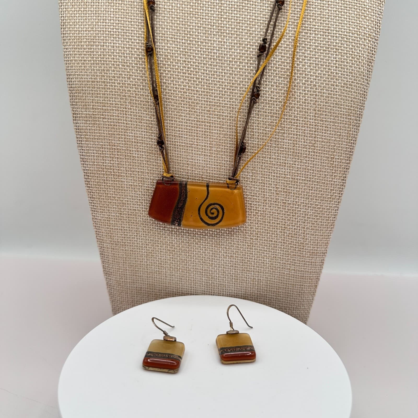 Vintage 90s Earth Tone Fused Glass Necklace Earrings Set Boho Fashion Jewelry
