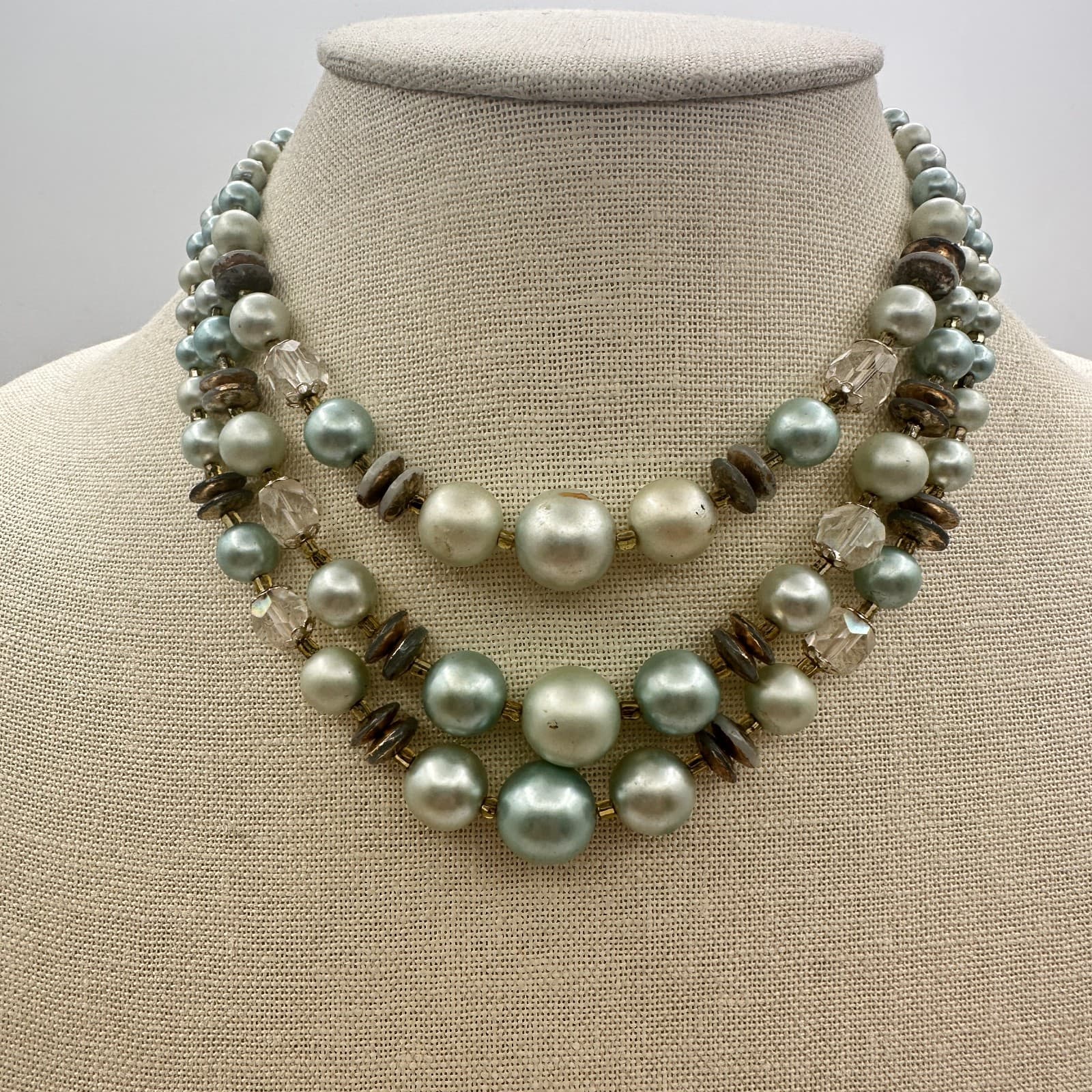 Vintage Y2K Multi Strand Faux Pearl Beaded Gold Tone Necklace Statement Jewelry