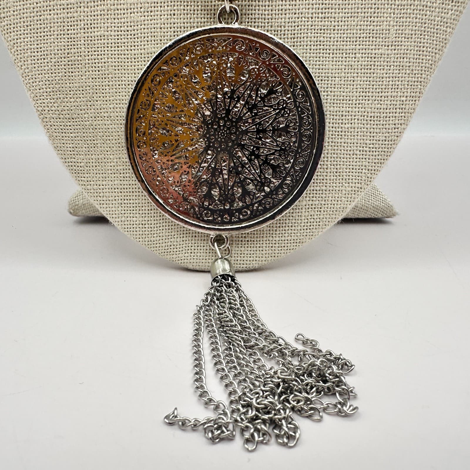 Vintage 90s Silver Tone Filigree Medallion Tassel Necklace Snake Chain Jewelry