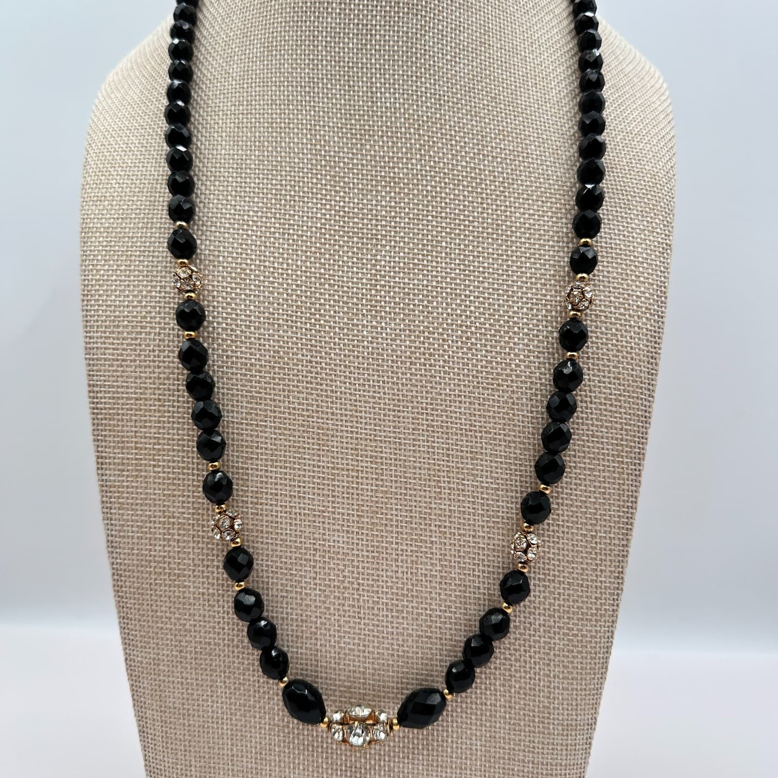 Vintage 80s Black Bead Necklace Gold Tone Clear Glass Accents Fashion Jewelry