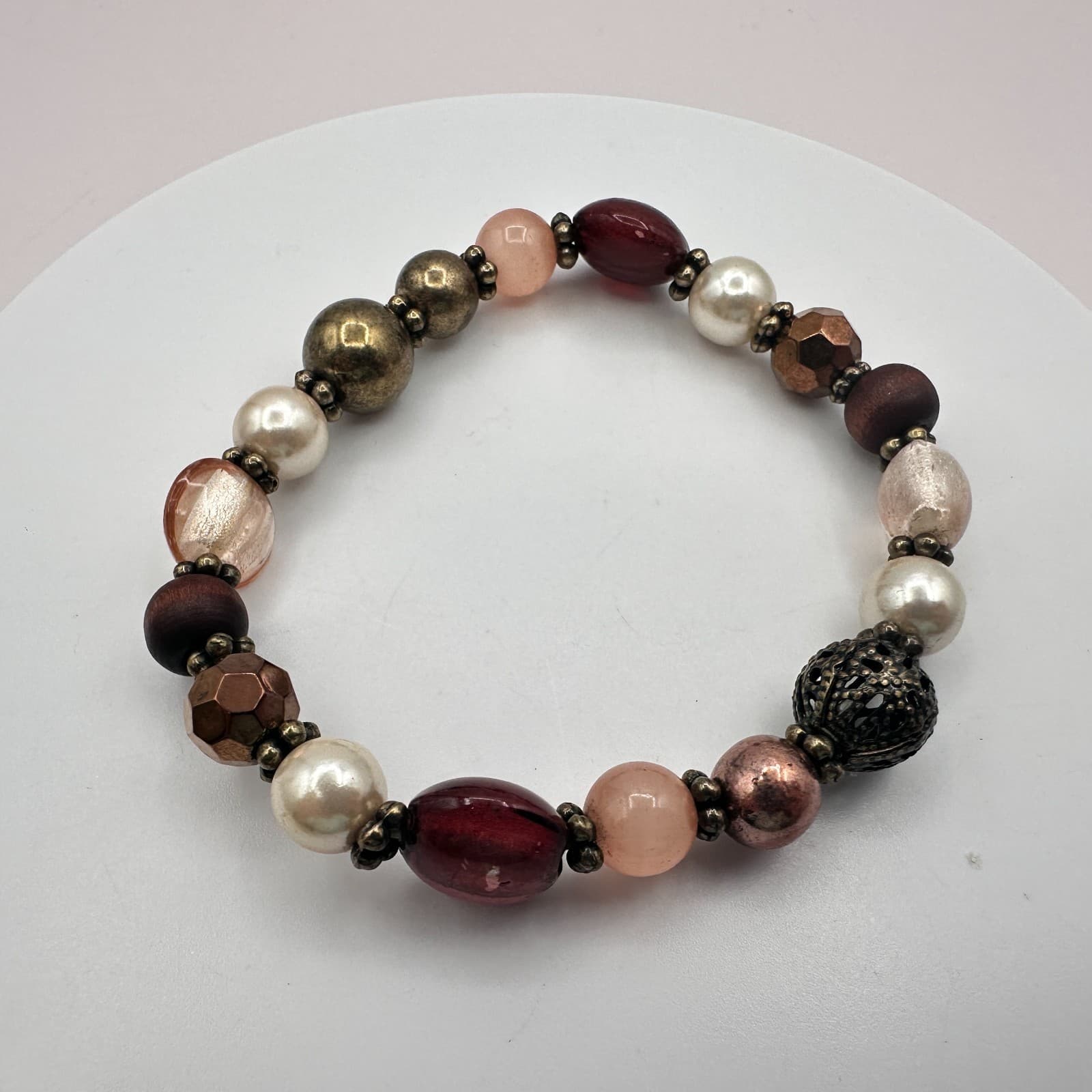 Vintage Y2K Earth Tones Faux Pearl Beaded Stretch Bracelet Women's Jewelry
