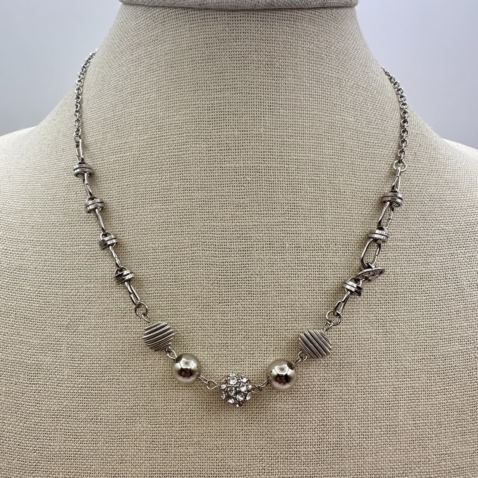 Vintage Y2K Clear Rhinestone Disco Ball Silver Tone Beaded Necklace Jewelry