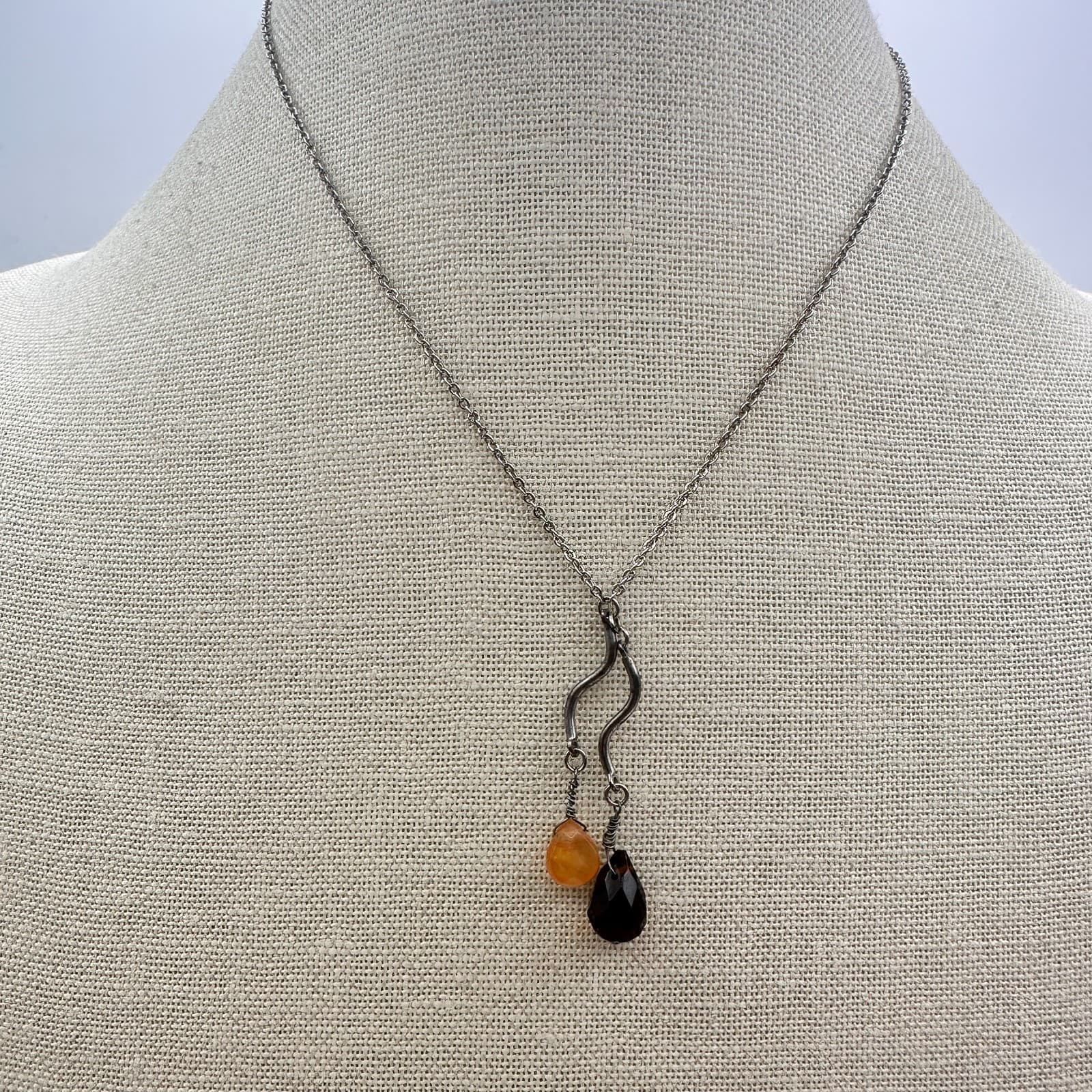 Vintage 90s Silver Tone Smoky Quartz Amber Drop Beaded Pendant Necklace Boho
