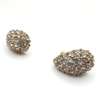 Vintage 80s Domed Clear Rhinestone Gold Tone Cluster Clip-On Earrings Jewelry