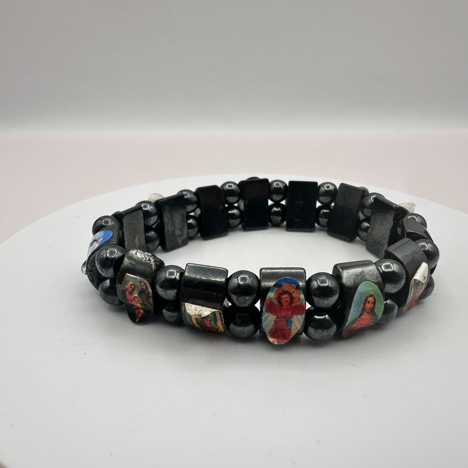 Vintage 80s Black Hematite Religious Catholic Icons Stretch Bracelet Jewelry