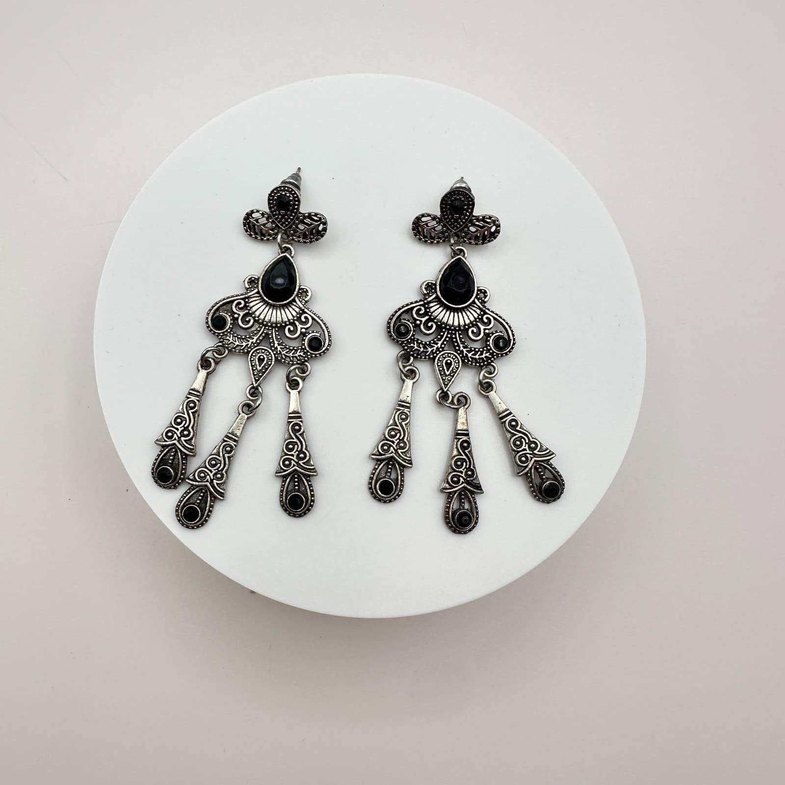 Vintage 90s Silver Tone Chandelier Earrings Black Glass Drop Statement Jewelry