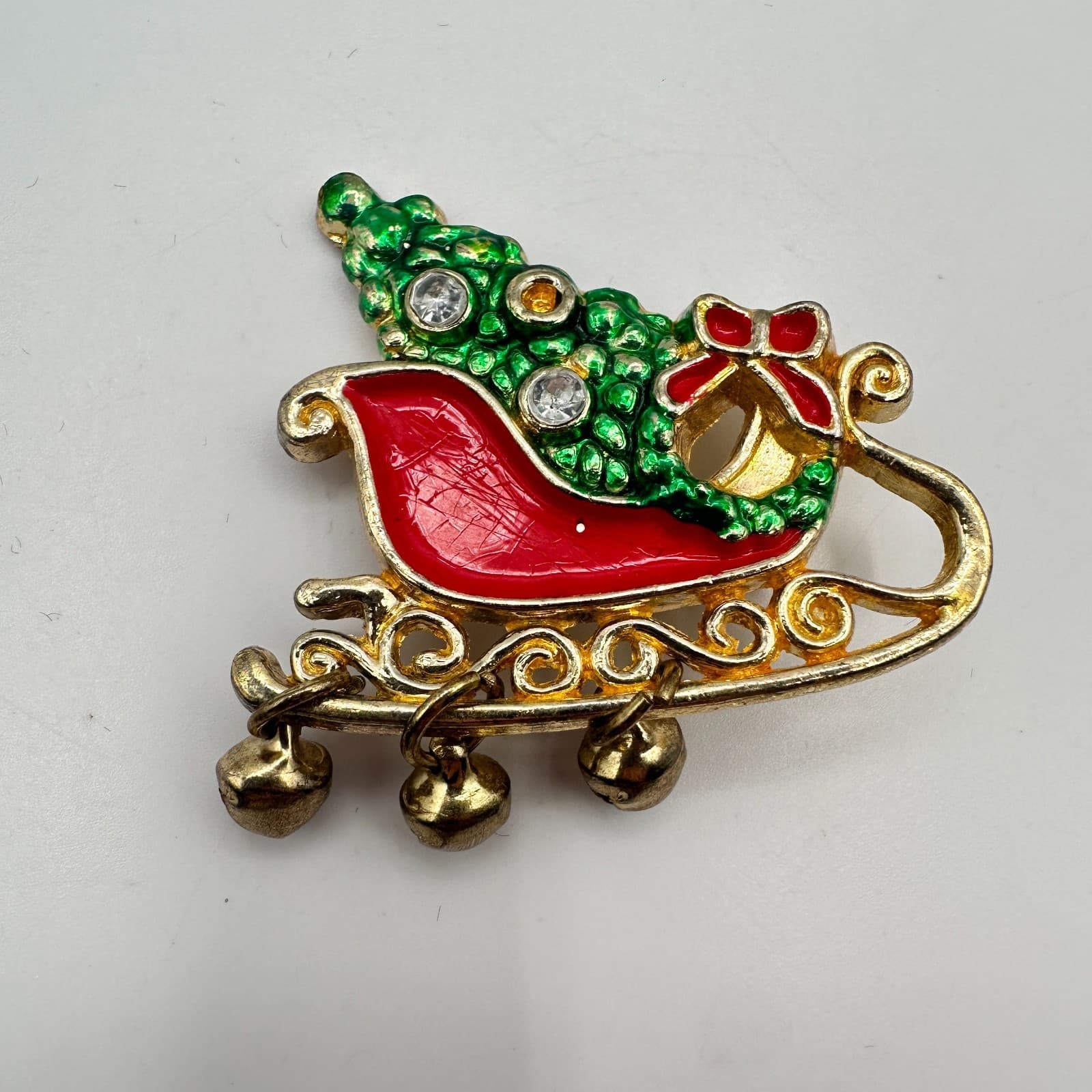 Vintage 90s Enamel Christmas Tree Brooch Jingle Bells Rhinestone Pin Jewelry