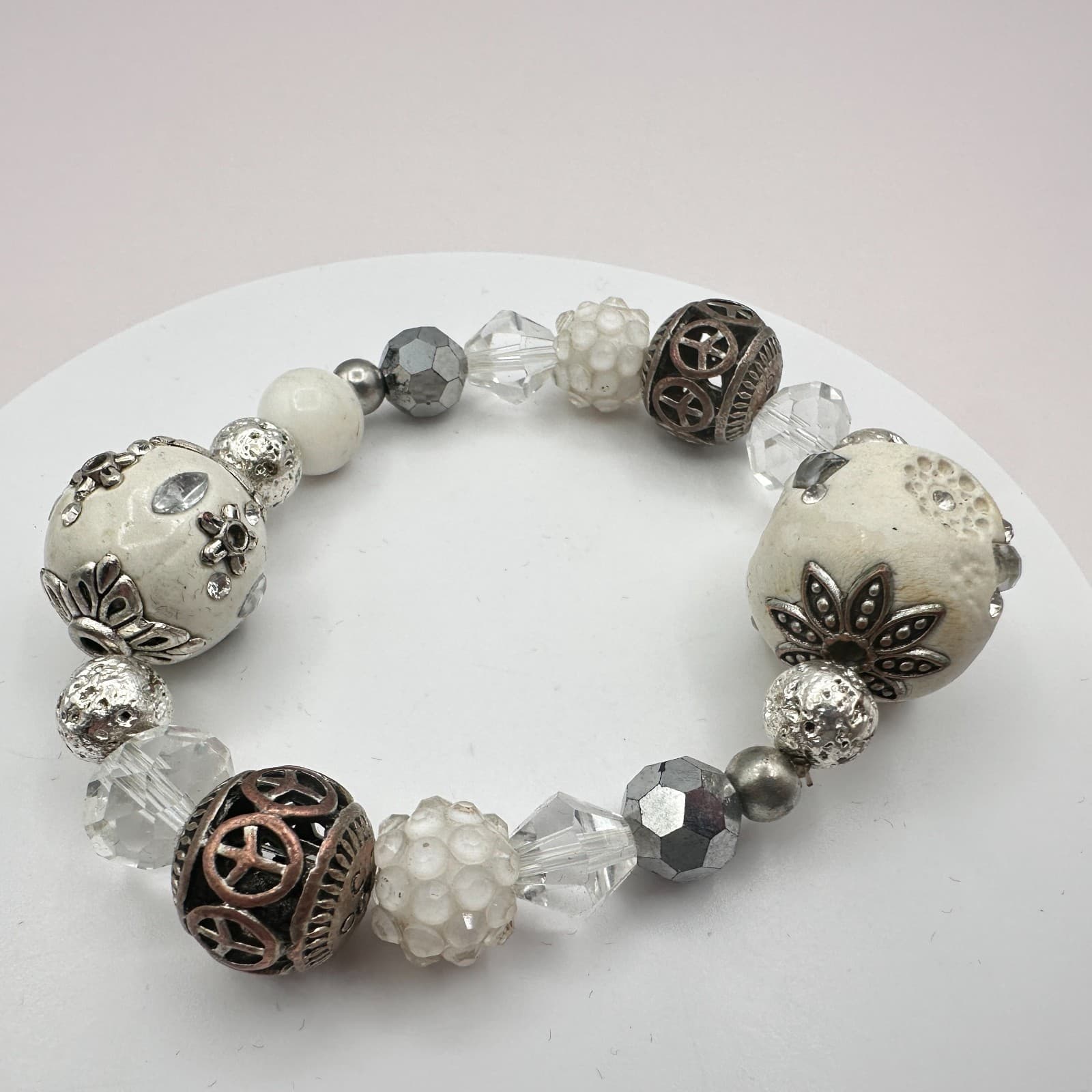 Vintage 90s Y2K Clear Rhinestone Peace Sign Beaded Bracelet Boho Women's Jewelry