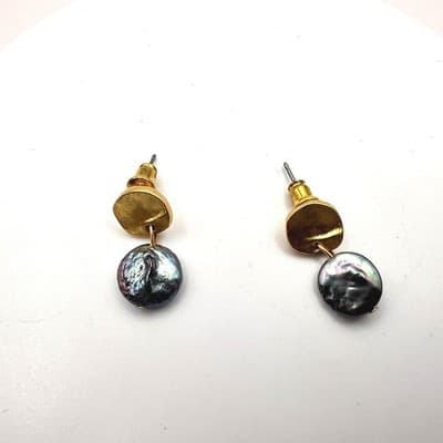 Vintage 80s Gold Tone Peacock Black Baroque Coin Pearl Drop Earrings Jewelry
