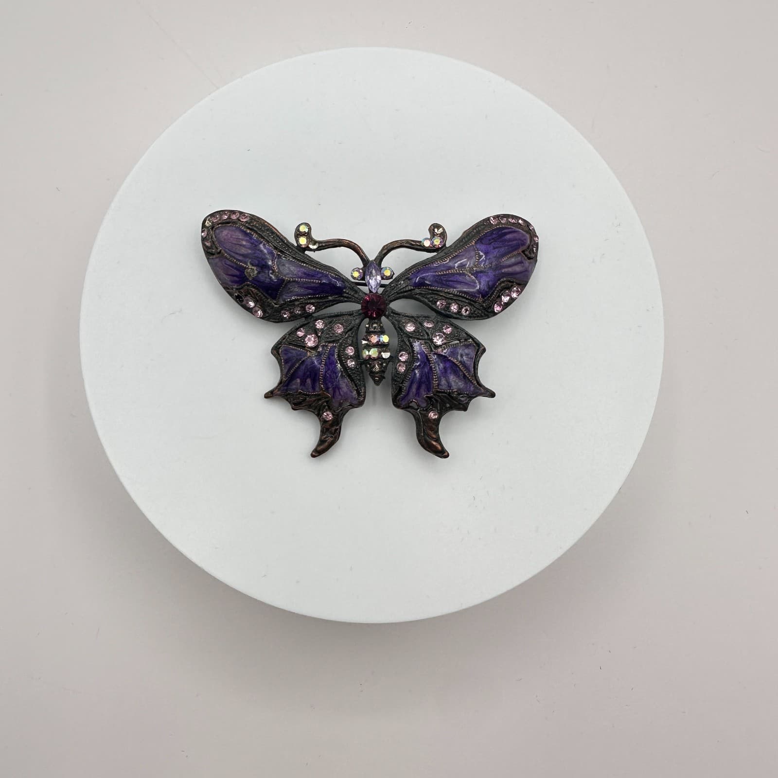 Vintage 80s Black Purple Enamel Rhinestone Butterfly Brooch Borealis Pin Jewelry