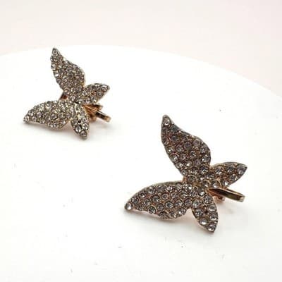 Vintage 90s Gold Tone Pave Clear Rhinestone Butterfly Clip-on Earrings Jewelry