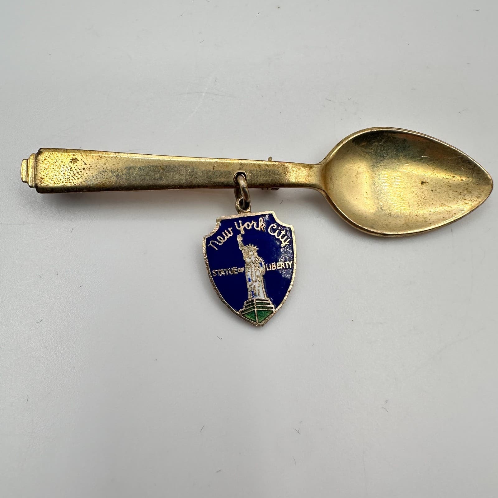 Vintage 90s AURAL New York City Spoon Brooch Pin Statue of Liberty Enamel Charm