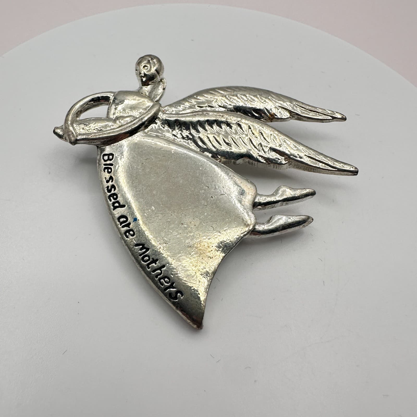 Vintage 90s Silver Tone Blessed Are Mothers Angel Brooch Pin Classic Jewelry