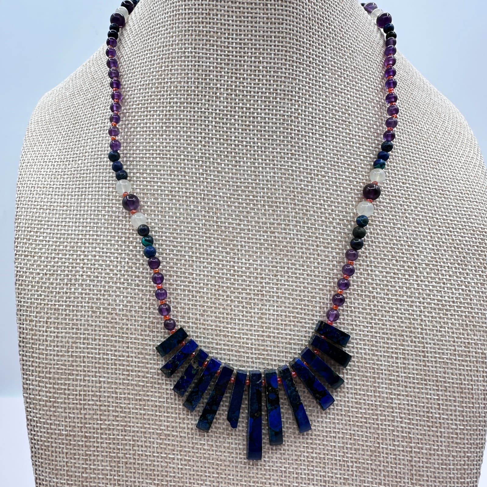 Vintage 90s Blue Glass Stones Bead Statement Fringe Necklace Fashion Jewelry