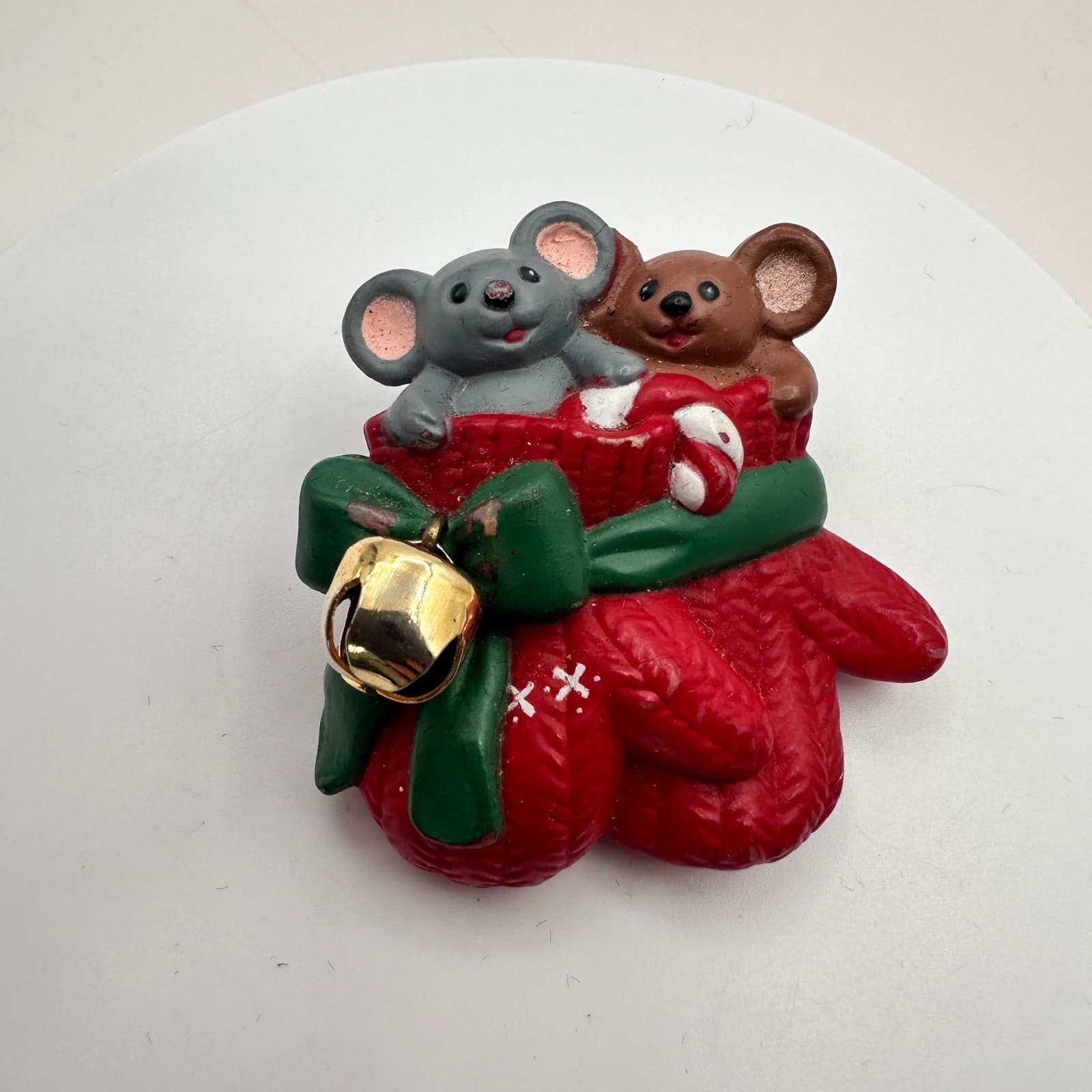 Vintage 90s Christmas Mice in Red Mitten Brooch Pin Festive Holiday Bell Retro