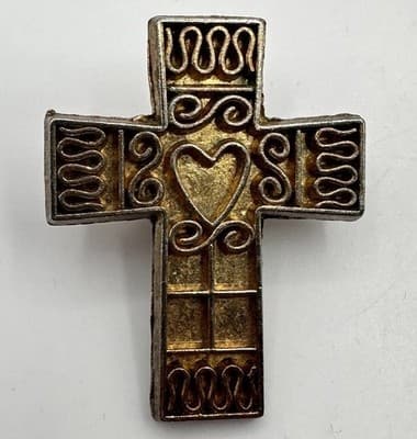 Vintage 80s Gold Tone Heart Cross Lapel Pin Religious Brooch Fashion Jewelry